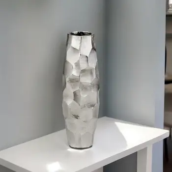 14" Aluminum Silver Faceted Geometric Cylinder Table Vase