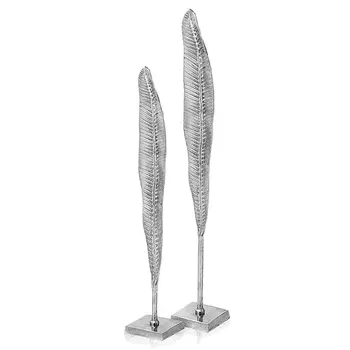 Set of Two Silver Aluminum Tall Feather Tabletop Sculptures