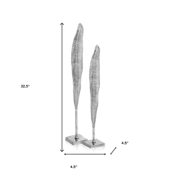 Set of Two Silver Aluminum Tall Feather Tabletop Sculptures