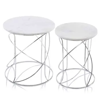 Set of Two White and Silver Marble and Metal Round Pedestal End Tables
