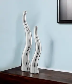 Set of Two Silver Aluminum Squiggly Vases