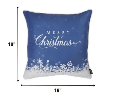 18" Blue And White Merry Christmas Snowflakes Throw Pillow Cover