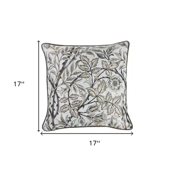 17" Blue Beige and Black Floral Throw Pillow Cover
