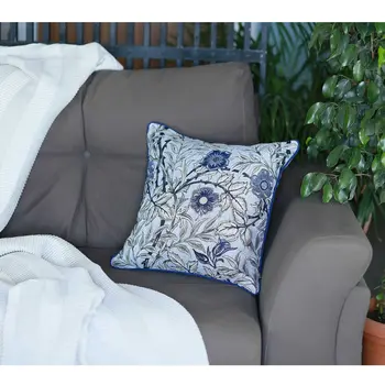 17" Beige And Blue Floral Fabric Throw Pillow Cover