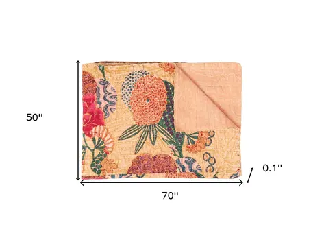 50" X 70" Orange and Red Kantha Cotton Floral Throw Blanket with Embroidery