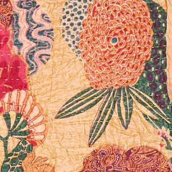 50" X 70" Orange and Red Kantha Cotton Floral Throw Blanket with Embroidery