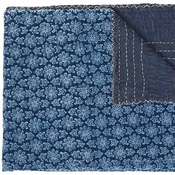 50" X 70" Blue Kantha Cotton Floral Throw Blanket with Embroidery