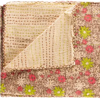 50" X 70" Green and Brown Kantha Cotton Floral Throw Blanket with Embroidery