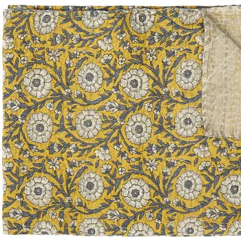 50" X 70" Yellow and Gray Kantha Cotton Floral Throw Blanket