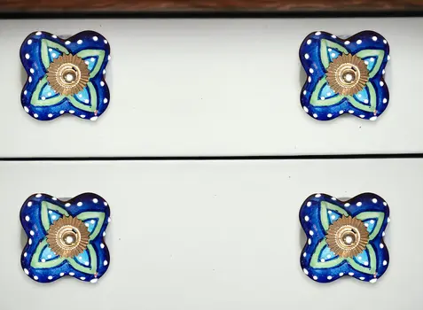 Set of Eight Blue And Green Floral Ceramic Drawer Pull Knobs