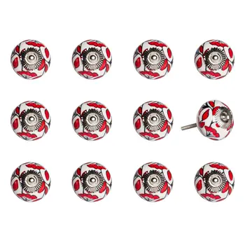 Set of Twelve Red And White Ceramic Drawer Pull Knobs