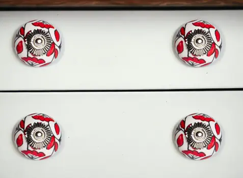 Set of Twelve Red And White Ceramic Drawer Pull Knobs