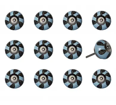 Set of Twelve Blue And Black Geometric Ceramic Drawer Pull Knobs