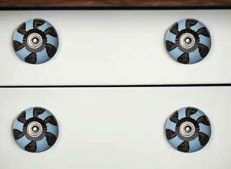 Set of Twelve Blue And Black Geometric Ceramic Drawer Pull Knobs