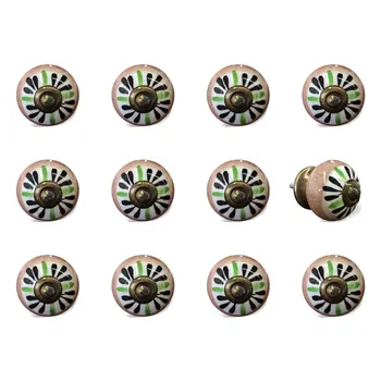 Set of Twelve Black And White Floral Ceramic Drawer Pull Knobs