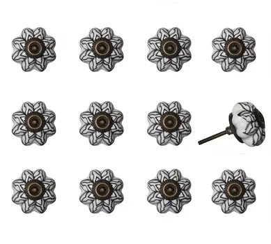 Set of Twelve Black And White Floral Ceramic Drawer Pull Knobs