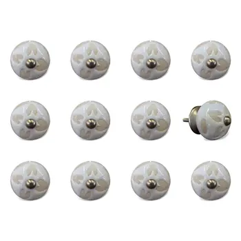 Set of Twelve Beige And White Floral Ceramic Drawer Pull Knobs
