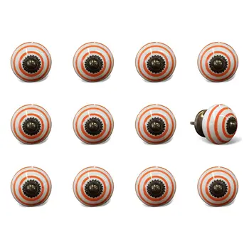 Set of Twelve Orange And White Geometric Ceramic Drawer Pull Knobs