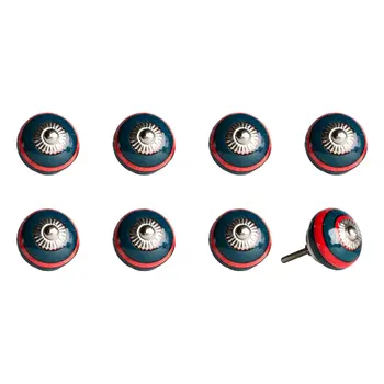 Set of Eight Navy Blue And Red Geometric Ceramic Drawer Pull Knobs