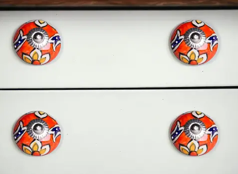 Set of Eight Orange And White Floral Ceramic Drawer Pull Knobs