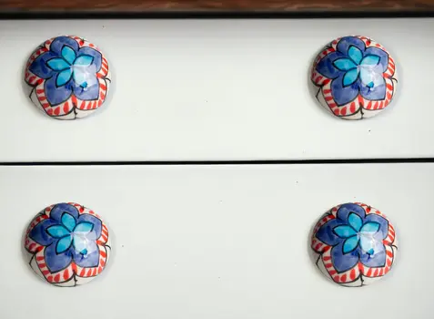 Set of Eight Blue And White Floral Ceramic Drawer Pull Knobs