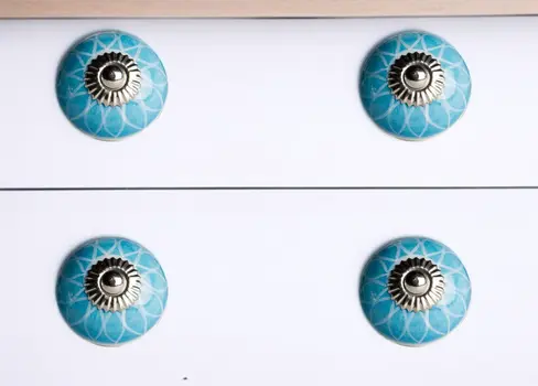 Set of Twelve Aqua White And Silver Geometric Ceramic Drawer Pull Knobs