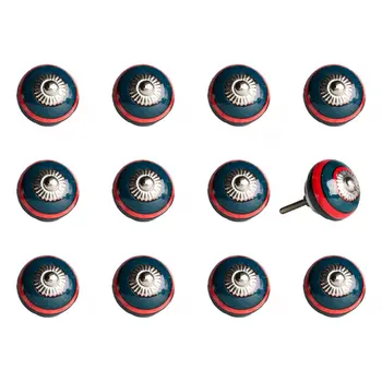 Set of Twelve Navy Blue And Red Geometric Ceramic Drawer Pull Knobs