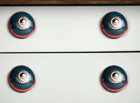 Set of Twelve Navy Blue And Red Geometric Ceramic Drawer Pull Knobs