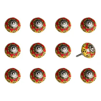 Set of Twelve Yellow And Black Floral Ceramic Drawer Pull Knobs