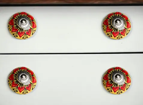Set of Twelve Yellow And Black Floral Ceramic Drawer Pull Knobs