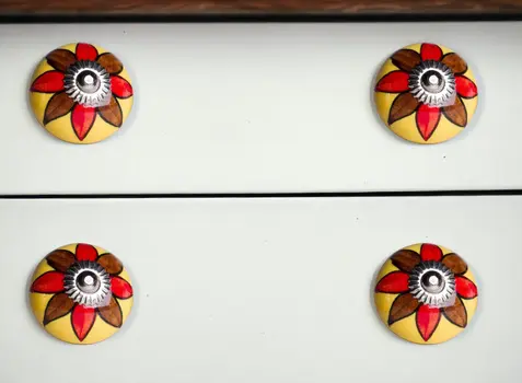 Set of Twelve Red And Yellow Floral Ceramic Drawer Pull Knobs