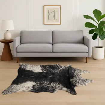 5' X 8' Black And White Faux Fur Animal Print Cowhide Washable Area Rug