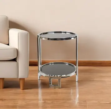 22" Silver Glass Round Mirrored End Table With Shelf