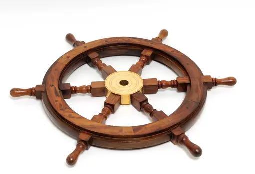 24" Brown Solid Wood And Brass Ships Wheel Hanging Dimensional Sculpture