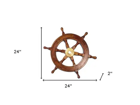24" Brown Solid Wood And Brass Ships Wheel Hanging Dimensional Sculpture