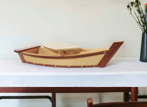 17" Natural and Brown Wood Sushi Boat Serving Tray
