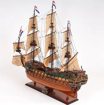 35" Wood Brown Solid Wood Hand Painted Model Boat Tabletop Sculpture
