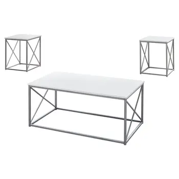 Set of Three 42" White And Silver Metal Coffee Table