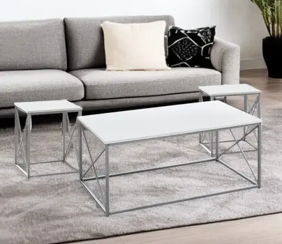 Set of Three 42" White And Silver Metal Coffee Table