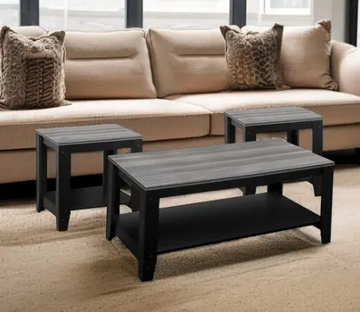 Set of Three 42" Gray And Black Coffee Table With Shelf