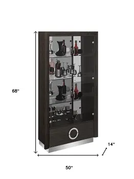 50" Gray and Silver Wood And Glass Curio Cabinet With Two Doors And One Drawer