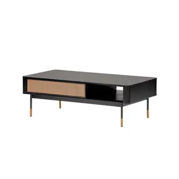 47" Black and Brown Solid Wood And Steel Coffee Table With Drawer And Shelf