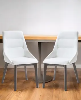 Set of Two White and Gray Upholstered Faux Leather Dining Side Chairs