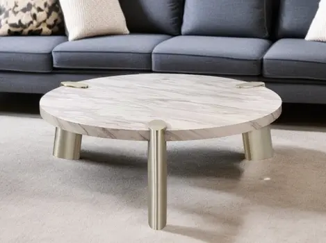 48" Gold And White Genuine Marble Round Coffee Table
