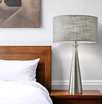 22" Silver Metal Table Lamp With Gray Drum Shade