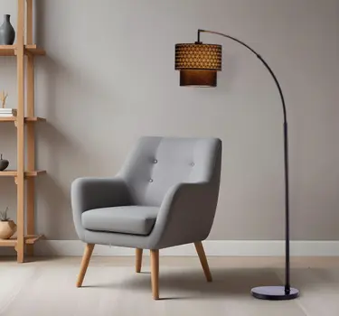 71" Brown And Black Arched Floor Lamp With Brown Fabric Drum Shade