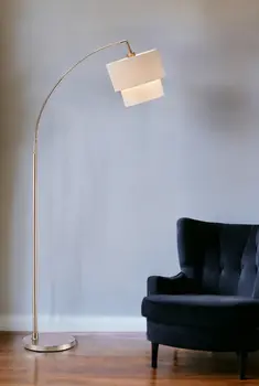 71" Silver Adjustable Arched Floor Lamp With White And Natural Fabric Drum Shade