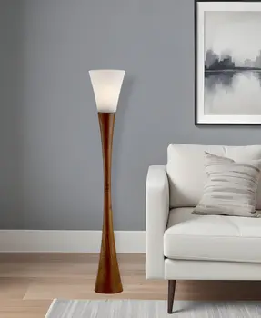 68" Brown And White Solid Wood Novelty Floor Lamp With White Acrylic Cone Shade
