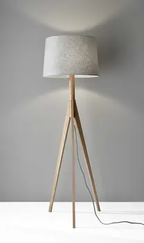 59" Natural Solid Wood Tripod Floor Lamp With Gray Fabric Empire Shade