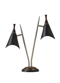 22" Black and Silver Metal Two Light Desk Lamp With Black Cone Shades